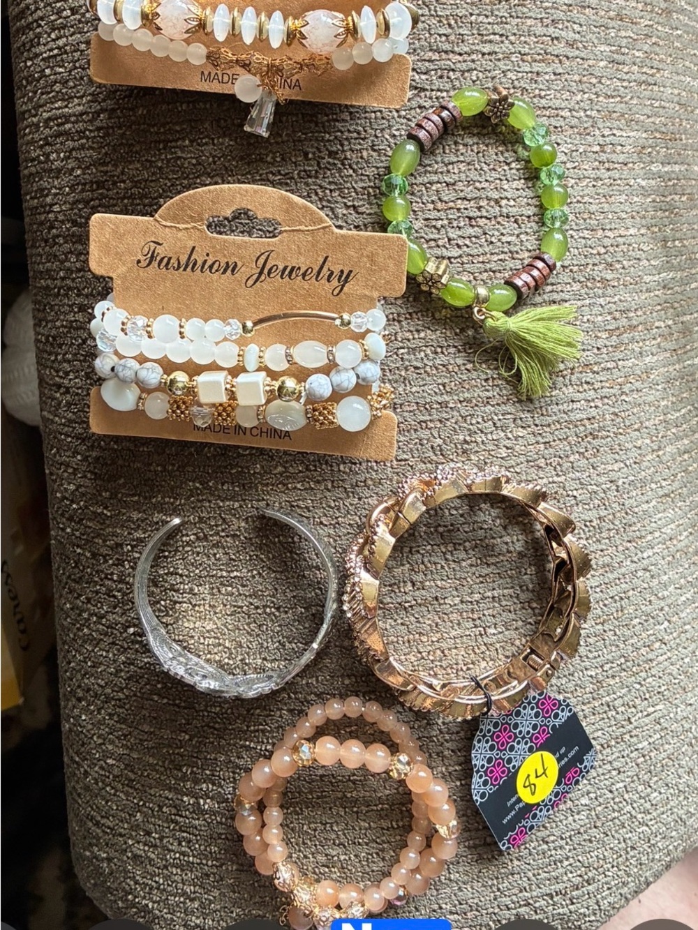 Fashion Jewelry Mixed Women's Bracelet Set in White, Green, Peach & Gold 7 pair